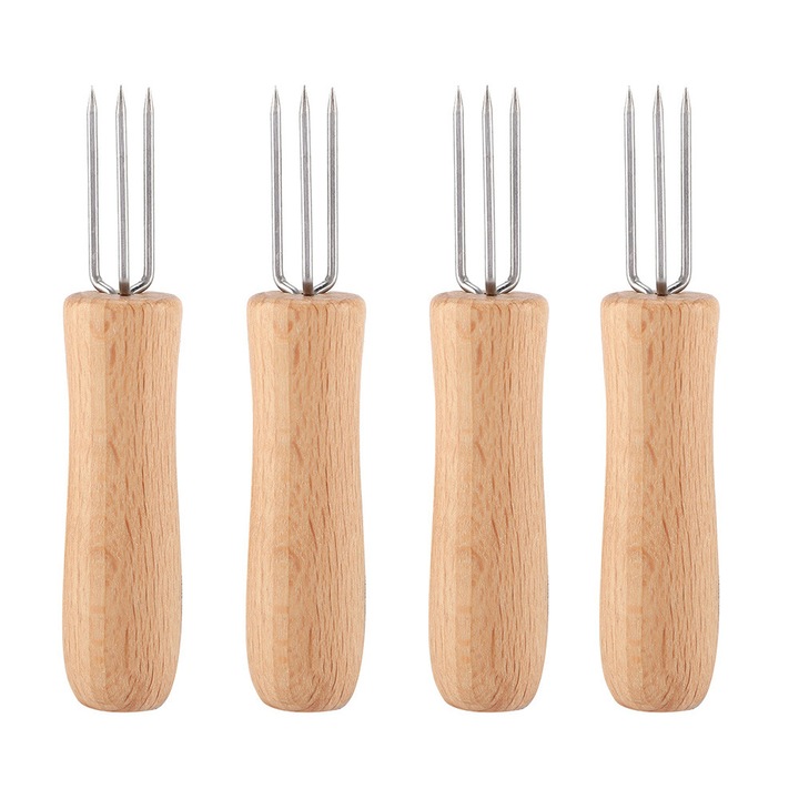 Set 4 furculite gratar HERUSI inox maner lemn multifunctionale