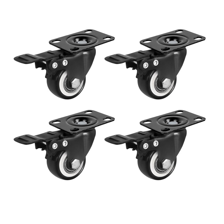Set 4 roti pivotante din poliuretan, SINBINTA, Roti pivotante pentru carucior, 1.5", Cu sistem de franare si blocare, Sarcina portanta 60kg/per roata, Rezistent la uzura si coroziune, Antialunecare, Usor de instalat, Pentru roti de mobilier, Negru