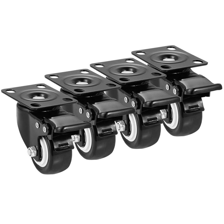 Set 4 roti pivotante din poliuretan, SINBINTA, Roti pivotante pentru carucior, 3", Cu sistem de franare si blocare, Sarcina portanta 100kg/per roata, Rezistent la uzura si coroziune, Antialunecare, Usor de instalat, Pentru roti de mobilier, Negru