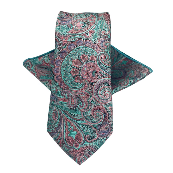 Set cravata slim cu batista Paisley DEXTER, PRAVALIA CU SURPRIZE, Roz/ Verde menta