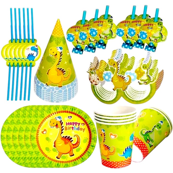 Детски парти комплект, 6 вида - чинии 18 см/чаши 220 мл/каски/чаши/духалки/сламки-, 36 части, зелени, многоцветни, рециклируем екологичен картон