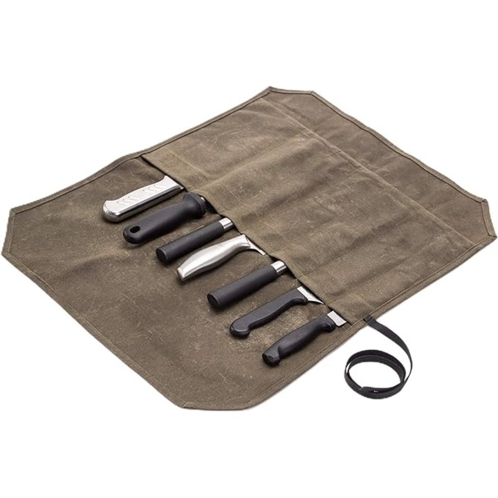 Geanta pentru cutite, 7 sloturi, Panza cerata impermeabila, Kaki, 56x43cm, sloturi Panza cerata, cu capacitate mare
