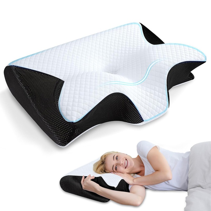 Ortopéd alvópárna, BYONDSELF, nyaktámasztáshoz, levehető huzat, ergonomikus a nyaknak, ideális oldalfekvéshez, háton vagy hason fekvéshez, 62cm × 37cm × 10-15cm, fehér/fekete