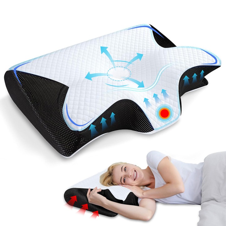 Perna Ortopedica pentru Dormit, BYONDSELF®, pentru Suport Gat si Suport Cervical, Husa Detasabila, Ergonomica pentru Gat, Ideala pentru Dormitul lateral, Spate Sau Stomac, 62cm×37cm×10-15cm, Alb/Negru
