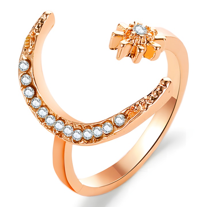 Дамски пръстен с Луна и Звезда, Еклатиана, сребро 925, злато, регулируем, хипоалергенен, в подаръчна кутия за изящни бижута