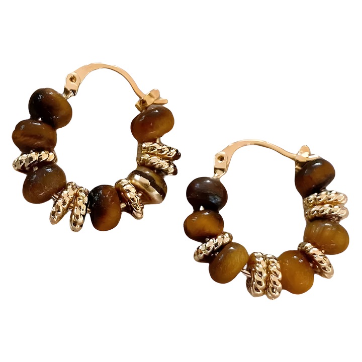 Cercei dama, Eclatiana®, Aliaj, Piatra de ochi de tigru, Auriu/Maro, Antialergic, Cutie premium pentru bijuterii cadou