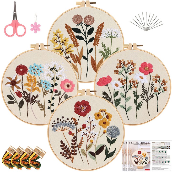 Kit broderie, Axroad Mall, Set de broderie in puncte de cruciulita pentru incepatori, 4 Seturi, Modele florale, Ideal pentru adulti care doresc sa exploreze cusutul manual si sa creeze opere DIY, Bumbac, 23*23*1.8cm, Multicolor