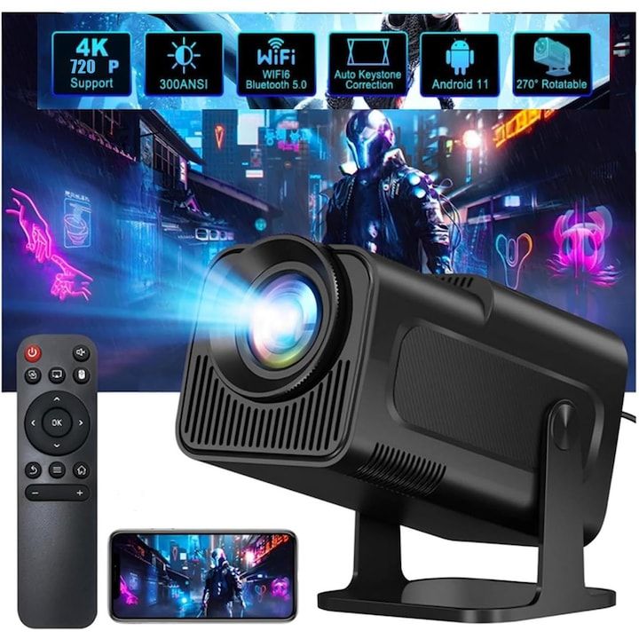 Videoproiector portabil, 300ANSI, 10000 lumeni, Android 11, Wi-Fi 6, BT 5.0, rezolutie 1280x720p HD, suport 4K, conexiune HDMI, USB si Mirroring Android/IOS, difuzor integrat, Negru