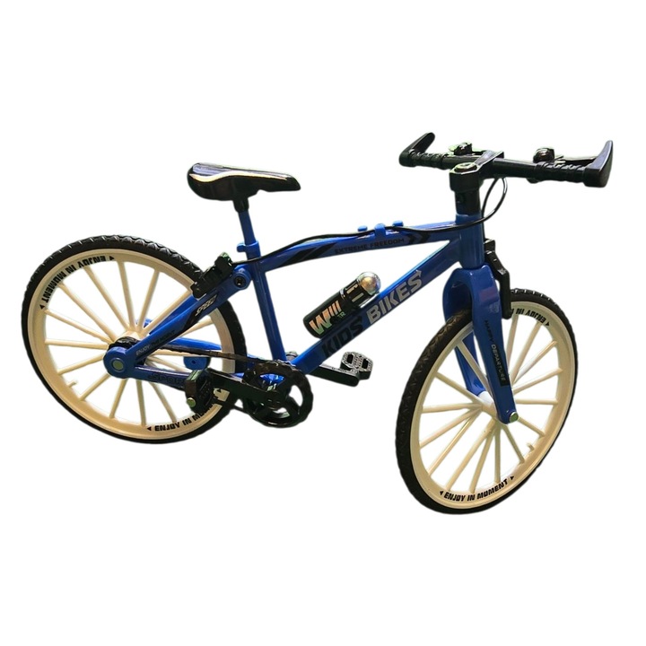 Jucarie macheta bicicleta, lant - pedale si roti mobile, cu suport de sustinere, culoare albastra