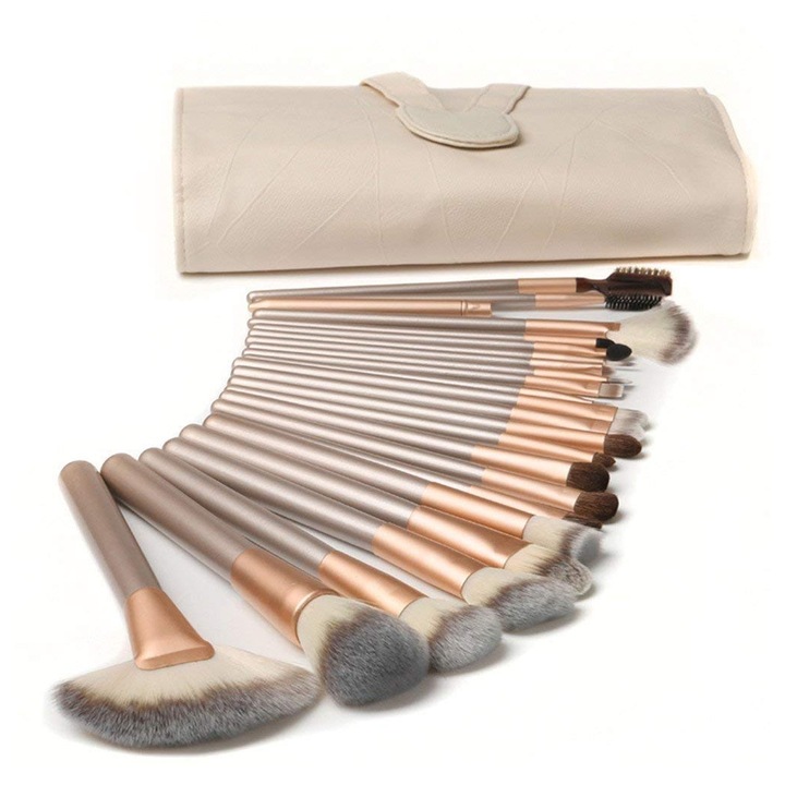 Set 18 pensule machiaj, Axroad Mall, Portabile, Cu punga de depozitare, Maner de lemn, Usor de curatat, Ideal atat pentru profesionisti cat si pentru incepatori, Marimi si forme diferite, Ergonomic, Din par sintetic moale, Sampanie