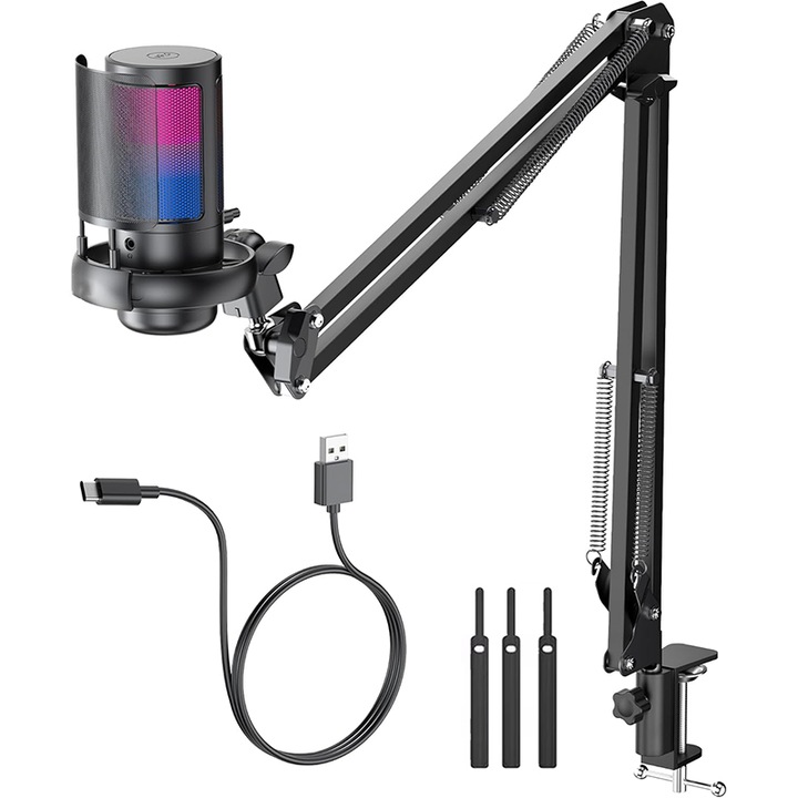 Karos PC mikrofon, Rqiurpn, USB, Kardioid, némító gombbal, zajszűrővel, RGB, fekete