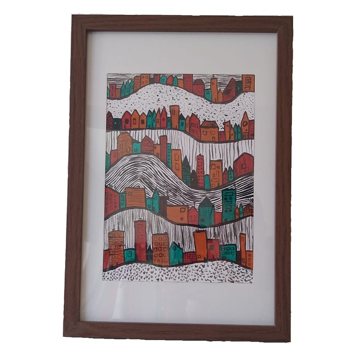 Ръчно рисувана картина "Градски пейзаж", с акрил, 22x32 см, с пластмасова рамка