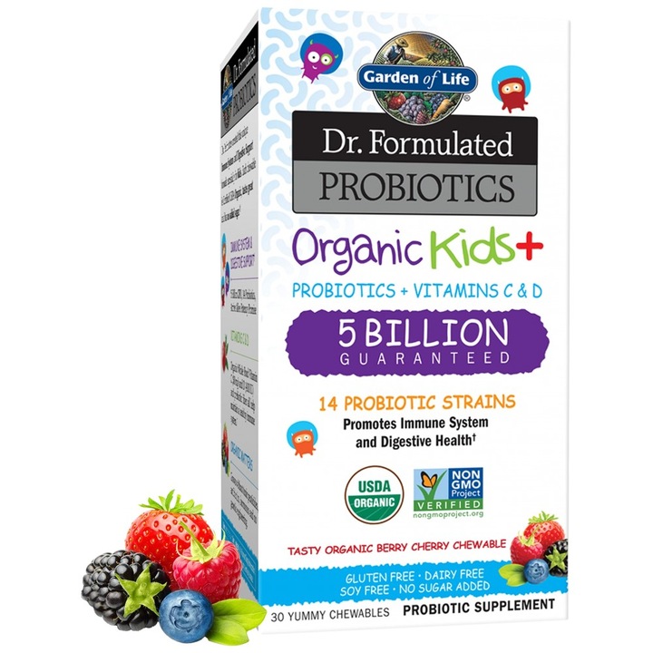 Supliment alimentar, Garden Of Life, Dr. Formulated Probiotics Organic Kidsplus, Capsuni si Banane, 30 de Tablete Masticabile