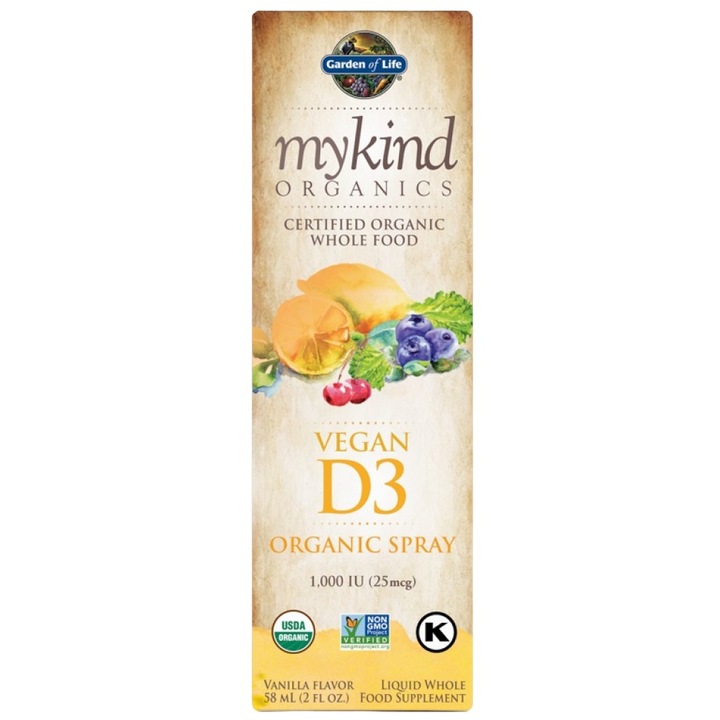 Spray organic vegan D3 de la Garden Of Life Mykind Organics 1000 UI, Vanilie, 58 ml