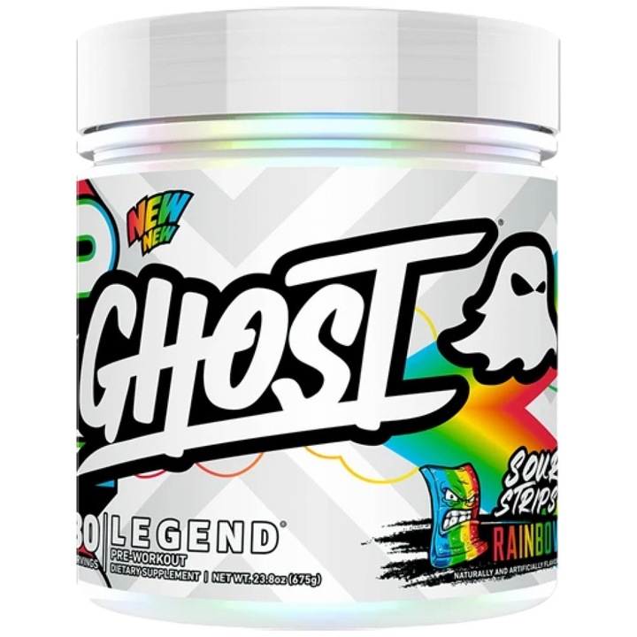 Supliment alimentar Formula pre-antrenament Ghost Legend V4, bomboane curcubeu Sour Strips, 660 grame