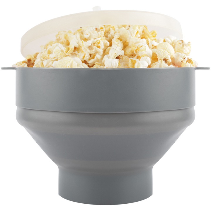 Recipient popcorn microunde AYSTOAYS®, Design pliabil, Cu manere, Pentru seri de film, petreceri, camere de camin, rulote si rulote, Silicon, Gri