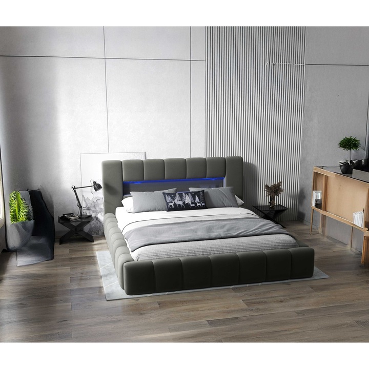 Pat dormitor WLS Palermo, tapitat gri cu LED si USB, somiera rabatabila, 160x200 cm