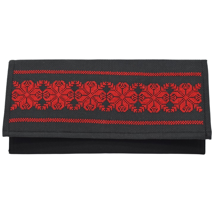 Poseta plic neagra, cusuta model traditional rosu, 34 x 17 cm