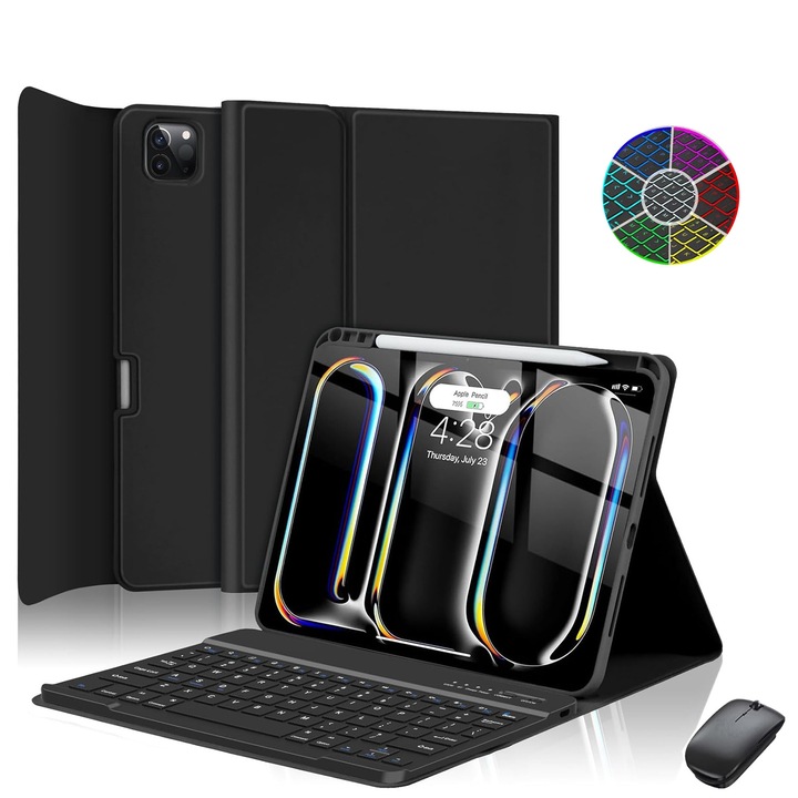 Tastatura tableta pentru Apple iPad Air 13-inch M3 2025/Air 13-inch M2 2024 - pentru iPad Pro 12.9-inch Generatia a 6-a/5-a/4-a/3-a cu suport pentru stilou, tastatura Bluetooth cu 7 culori RGB-Backlit, mouse, functie Autosleep/Wakeup, negru
