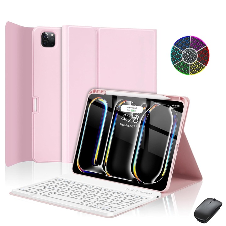 Клавиатура за таблет за Apple iPad Air 13-инчов M3 2025/Air 13-инчов M2 2024 - за iPad Pro 12.9-инчов 6-то/5-то/4-то/3-то поколение с поддръжка на стилус, Bluetooth клавиатура със 7 цвята RGB-подсветка, мишка, функция Autosleep/Wakeup, Розов