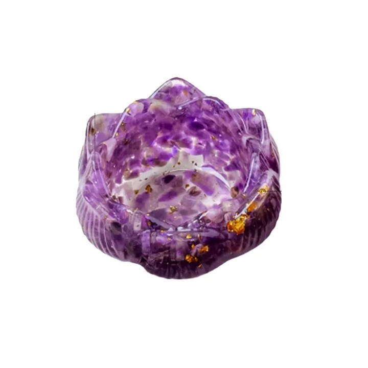 Fructiera din cristal ametist, VeliumCraft 8x4 cm, forma lotus, pentru diverse