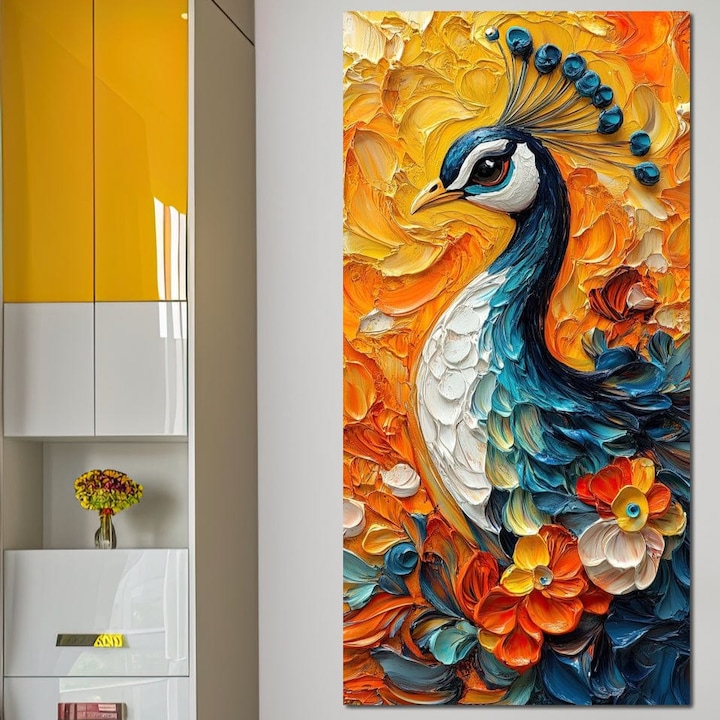 Tablou Canvas Premium, LuxCanva® M1010, Paun Pictat de Soare, 40 X 80 CM, Panza Bumbac 100% 400g/m2, Sasiu Lemn, Pasare, Penaj, Flori, Petale, Portret, Paun, Eleganta, Textura, Colorat, Birou, Living, Camera Copii