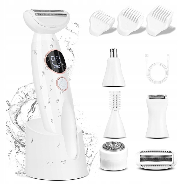 Епилатор, 5 в 1, Електрическа самобръсначка за жени, За обезкосмяване на тяло, Крака, Лице, Ръце, Бикини, Подмишници, Срамно окосмяване, Преносим, Презареждащ се с USB, Тример, Бял