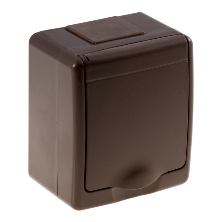 Priza Schuko pentru Exterior IP44 cu Capac, 2P+E 16A, Montaj Aplicat, Maro, 65x75x48 mm, Pawbol