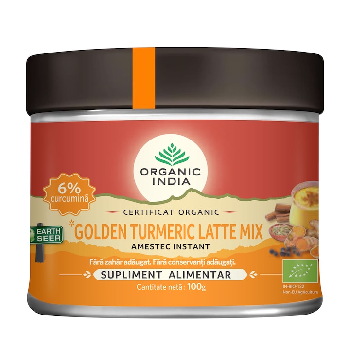 Golden Turmeric Latte Mix, ORGANIC INDIA, Amestec Instant cu 6% Curcumina Organica 100g *BIO