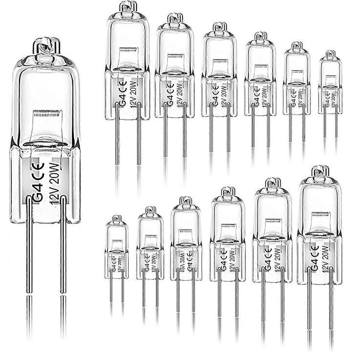 Set 12 becuri halogen G4 20W 12V 2800K, lumina calda, 2 pini