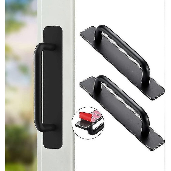 Set 2 manere autoadezive din aluminiu, pentru usi glisante, 147x25x38mm, pentru mobilier bucatarie, negru