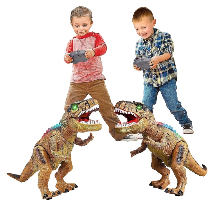 Interaktív dinoszaurusz játék távirányítóval, realisztikus hanggal, LED fények, 3-5 éveseknek, barna