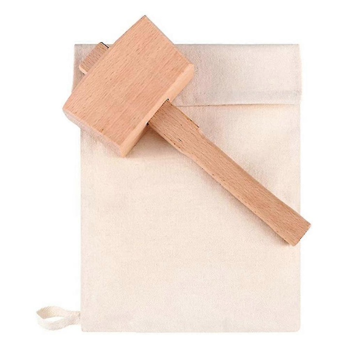 Bármanos kiegészítő készlet, pamut táska és fa kalapács, bézs, 34x22cm, 24x11x4.5cm