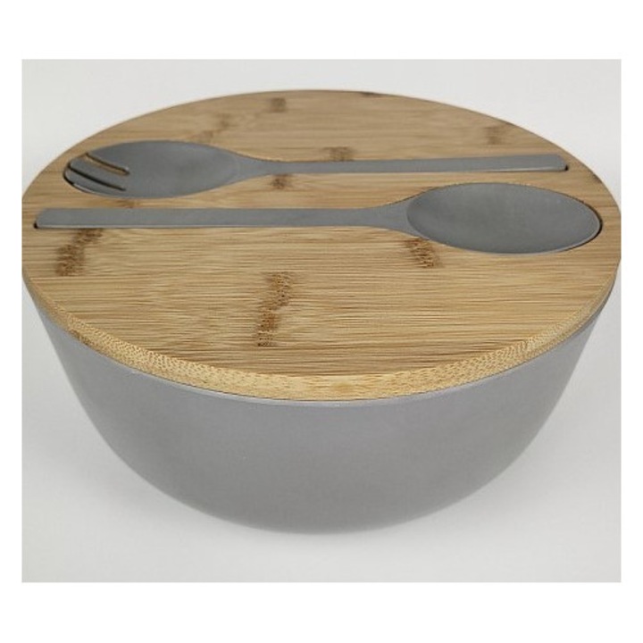 Set boluri de salata din fibra de bambus cu ustensile, 9.8 inch, capac din bambus