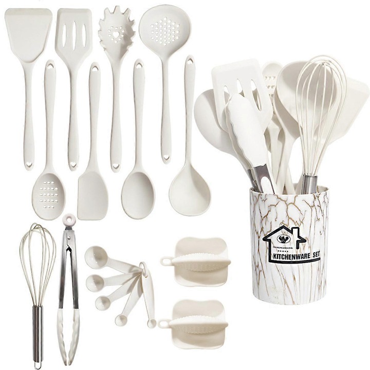 Комплект от 18 части силиконови кухненски прибори, топлоустойчиви, с контейнер за съхранение, бял