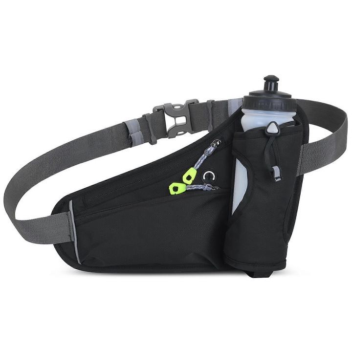 Futó övtáska, fekete, 30x22 cm, két cipzáras zsebbel és kulacstartóval, szett