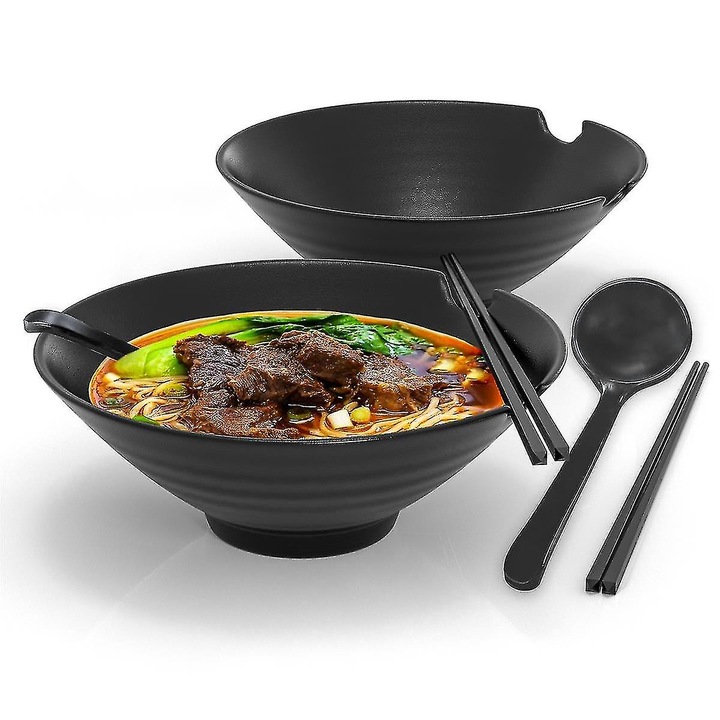 Set boluri Ramen, design japonez, 4 piese, negru, 1000 ml, 22,86 cm