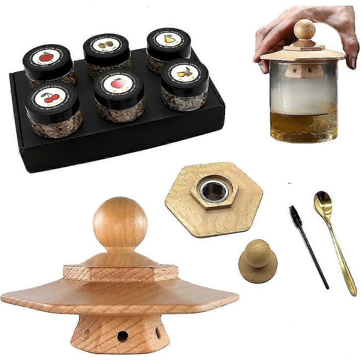 Set fumator cocktail, 6 arome, design hexagonal, accesorii bar, pentru bauturi si branzeturi