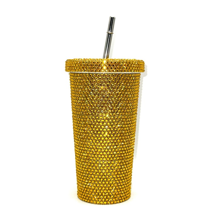 Pahar cu capac si pai, 500ml, cu strasuri, auriu