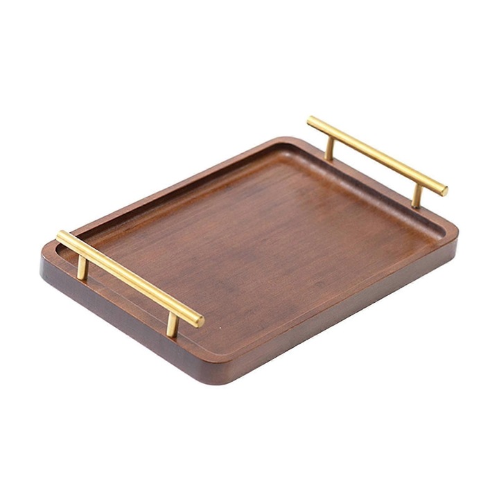 Tava de servire, lemn, rectangulara, cu manere metalice, maro/auriu