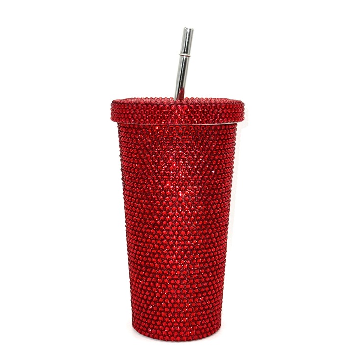 Pahar cu capac si pai, 500ml, strat dublu, cu strasuri, rosu