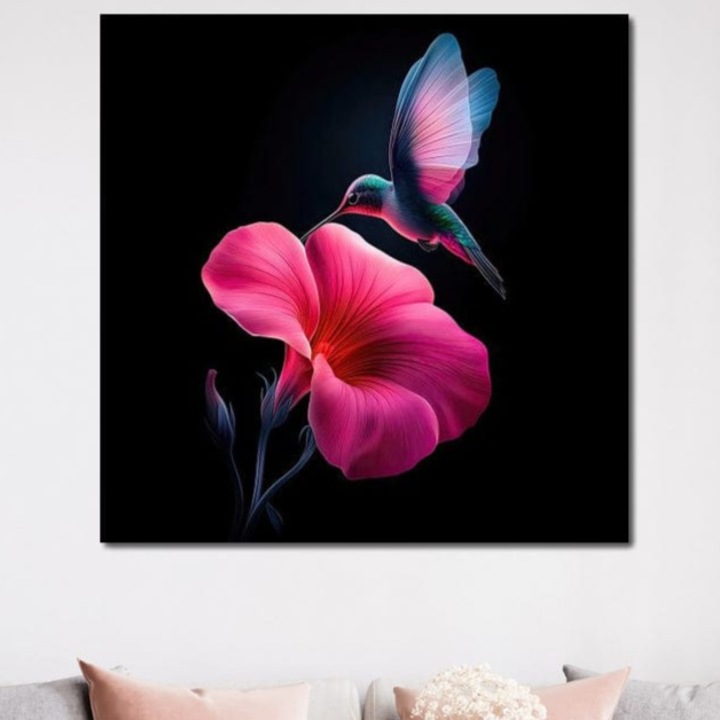 Tablou Canvas Premium, LuxCanva® M1017, Zbor catre Nectarul Vietii, 100 X 100 CM, Panza Bumbac 100% 400g/m2, Sasiu Lemn, Colibri, Pasare, Pastel, Floare, Petale, Natura, Contrast, Magie, Birou, Living, Camera Copii