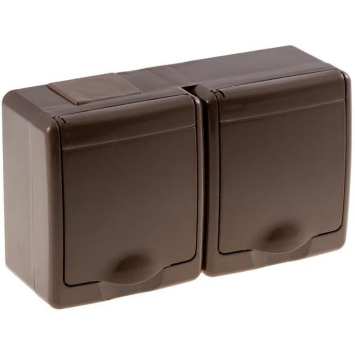 Priza Dubla 2xSchuko pentru Exterior IP44 cu Capac, 2P+E 16A, Montaj Aplicat, Maro, 130x75x48 mm, Pawbol