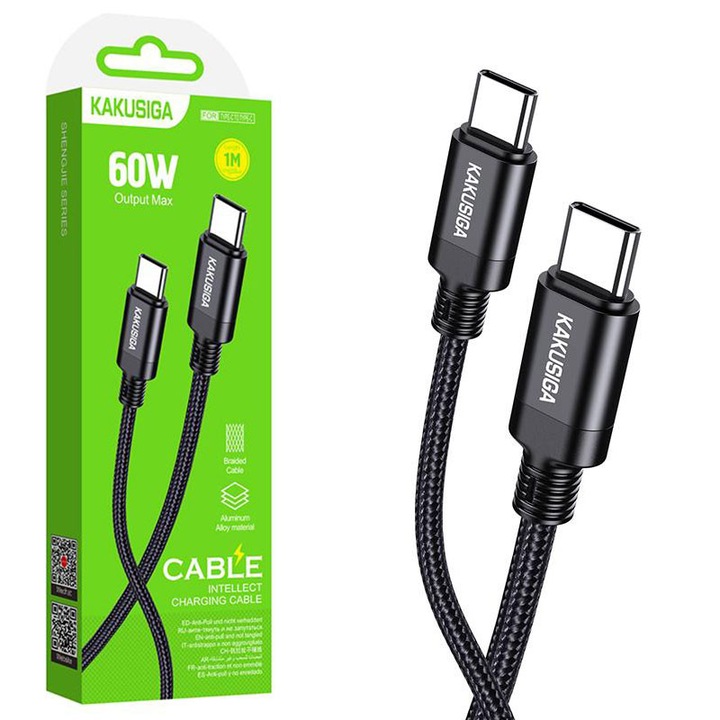 Cablu KSC-970 cu Type-C, Compatibil iPhone 15/16 si Android, Transfer Date 60W, Negru