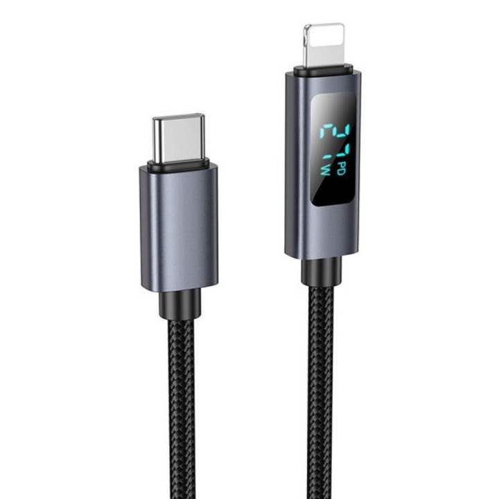 Cablu Date Si Incarcare Hoco Usb-C la Lightning, Cu Display Inteligent, Material Rezistent Textil, Putere 27W, Negru, X112