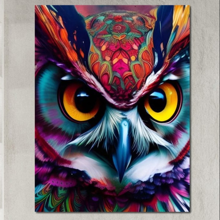 Tablou Canvas Premium, LuxCanva® M1019, Bufnita Tribala, 45 X 60 CM, Panza Bumbac 100% 400g/m2, Sasiu Lemn, Bufnita, Pasare, Simbol, Noapte, Tribal, Portret, Abstract, Culoare, Penaj, Birou, Living, Camera Copii