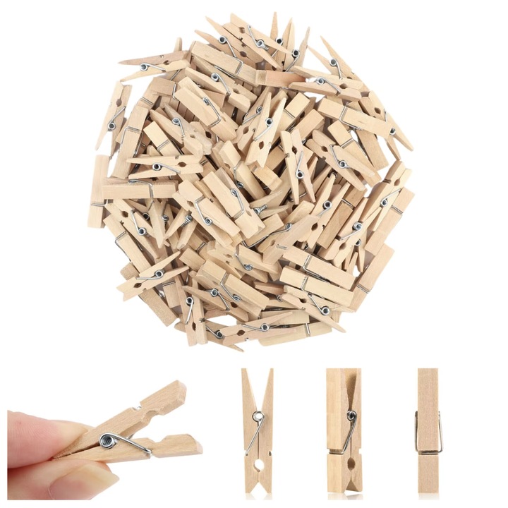 Set 100 clipsuri decorative din lemn, Ultimar, 2,5cm, pentru scrapbook si expunerea fotografiilor