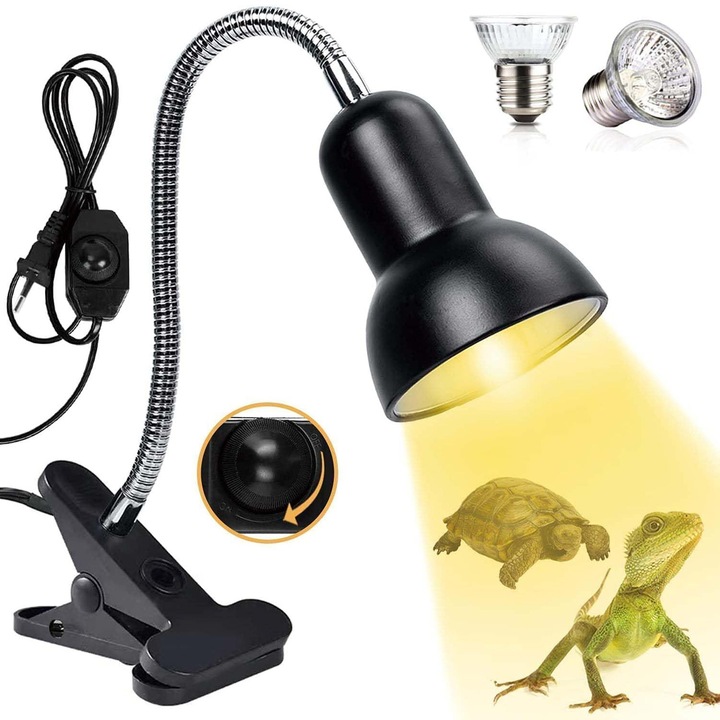 Lampa de caldura pentru reptile, Axroad Mall, Lampa caldura pentru reptile/amfibieni, Clema pivotanta 360°, Cu 2 becuri (25W + 50W), Suport antiderapant, Potrivit pentru soparle, barbati cu barba, testoase, serpi si altele, Sticla, Negru