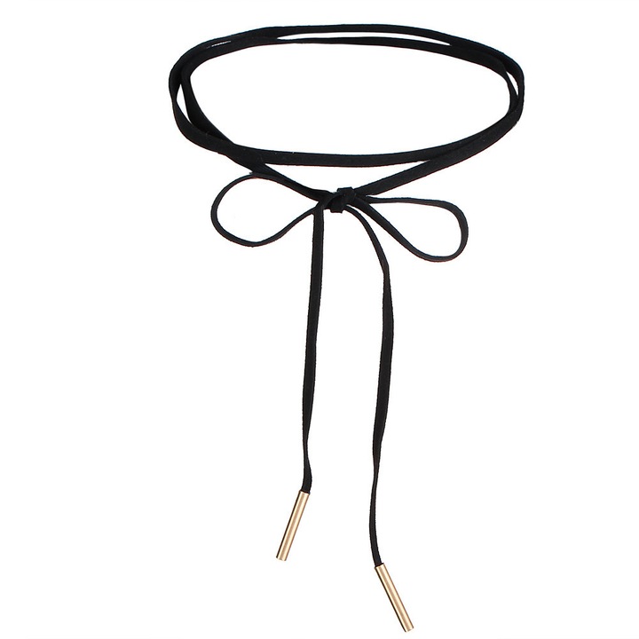 Colier choker Ultimar boho, piele / metal, negru, decor auriu, 150x0.4cm