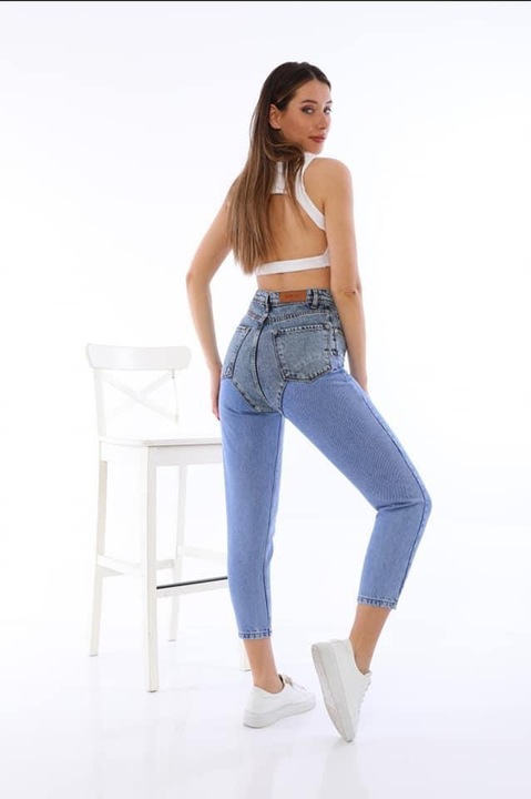 Blugi Mom fit pentru Femei, Bicolori, Talie Inalta, Albastru, Albastru